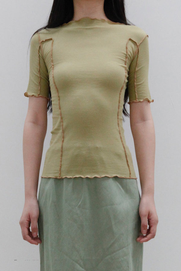 BASERANGE Ruffled Ribbed Cotton T-Shirt BAS-TTO3-RB-AU23-HUILV Gray Green TTO3-RB-000